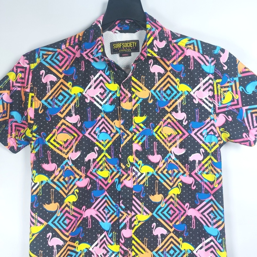 Surf Society Swimwear Short Sleeve Shirt Mens Small Neon Flamingo ButtonUp Aloha